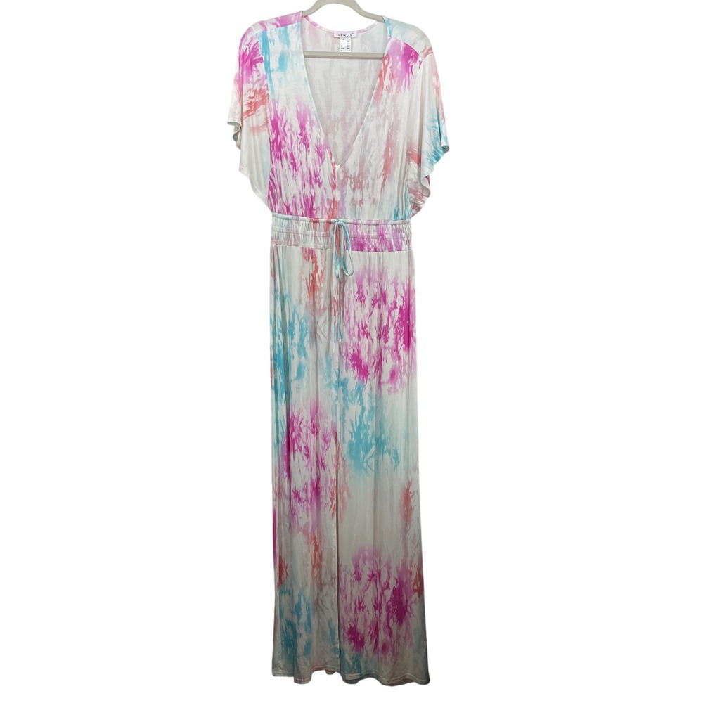 Venus Women Size Medium Maxi Dress Pink‎ Blue Tie Dye V-Neck Smocked Waist
